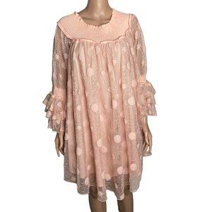 Gracias Dress Womens Medium Polka Dot Pink Flared Sleeve Mesh Off Shoulder